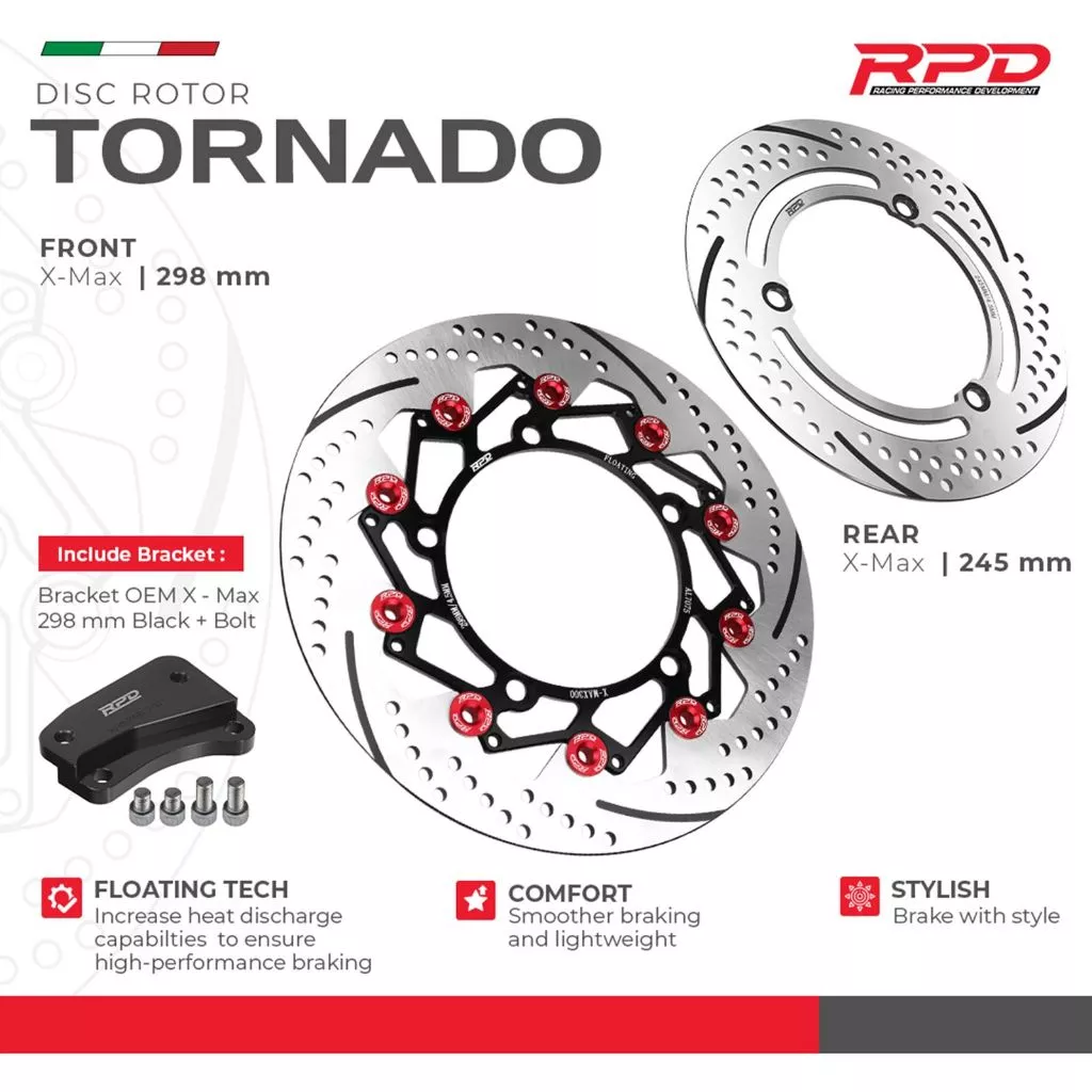 Piringan Cakram RPD Tornado Floating Disc Rotor X-MAX – Paket Depan 298mm & Belakang 245mm + Bracket STD | Rem Lebih Pakem & Sporty