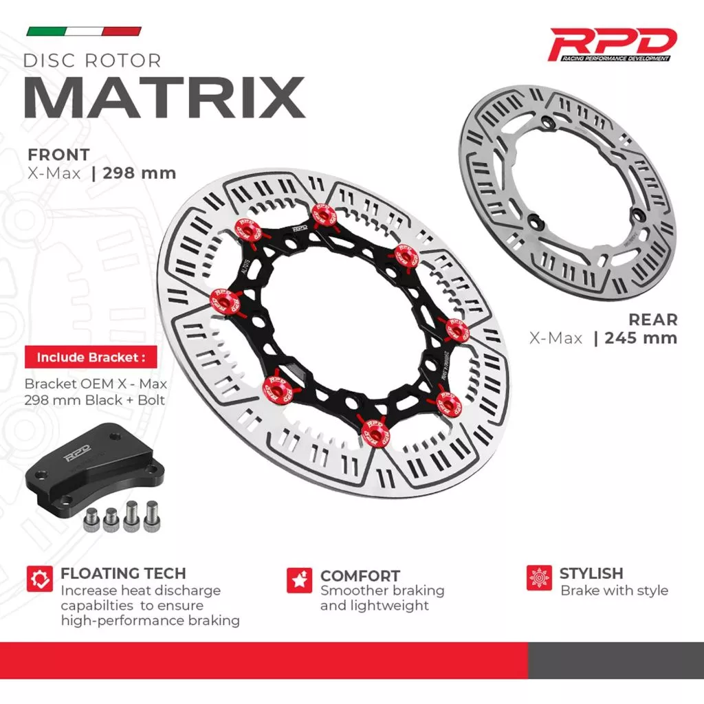 RPD Matrix Disc Rotor Floating Depan & Belakang Paket untuk Yamaha X-MAX + Bracket | Cakram Racing 4.5mm Rem Lebih Pakem