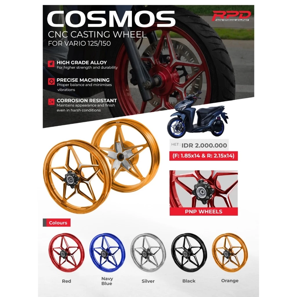 Velg Vario 125 / 150 RPD CNC Casting Wheel Set Cosmos Ring 14 Tubeless (F 1.85x14 / R 2.15x14) Velg Racing Alloy Ring 14 Premium